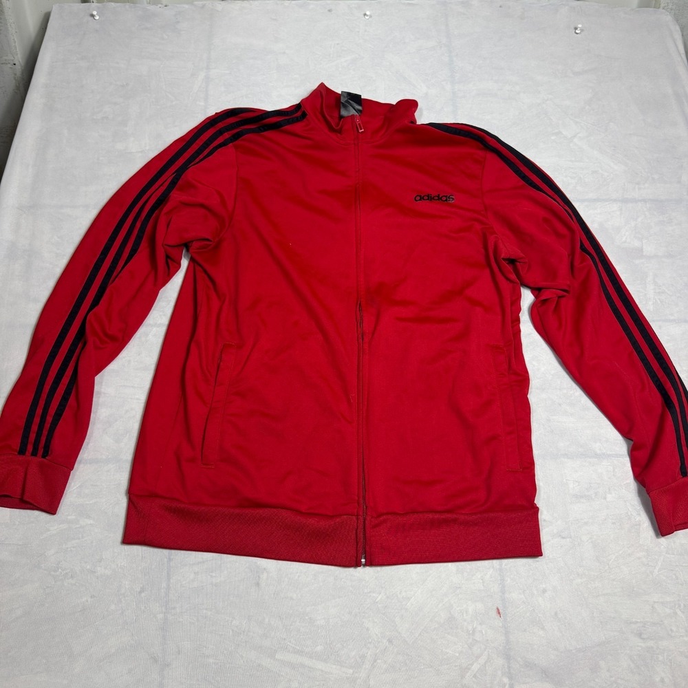 Adidas Essentials Mens Track Jacket Red Black 3-Stripes Full Zip Long Sleeve L